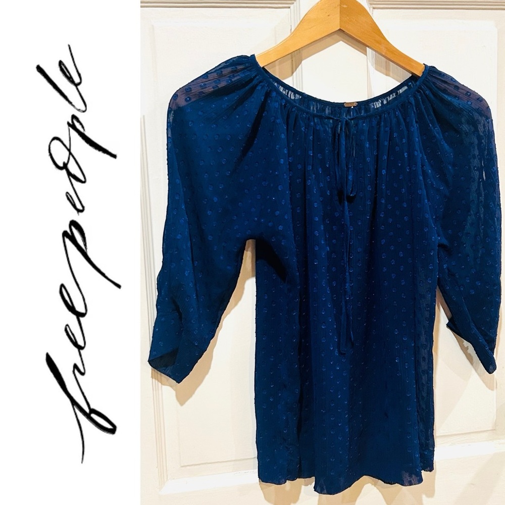 Free People Navy Blue Lace Cold Shoulder Peasant Top Boho Cottagecore Size S